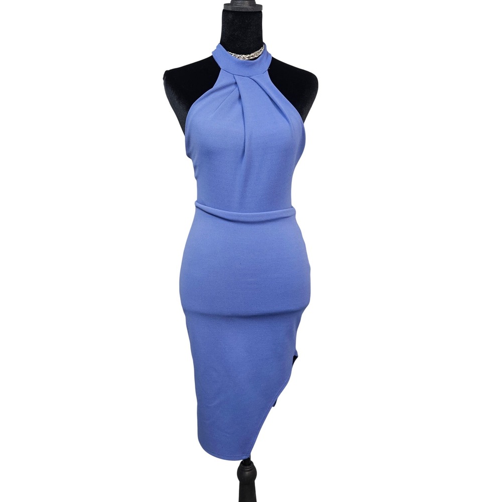 Solemio Blue Halter Nck Asymmetrical Tulip Hem Sheath Dress Womens Sm S7D1155W54